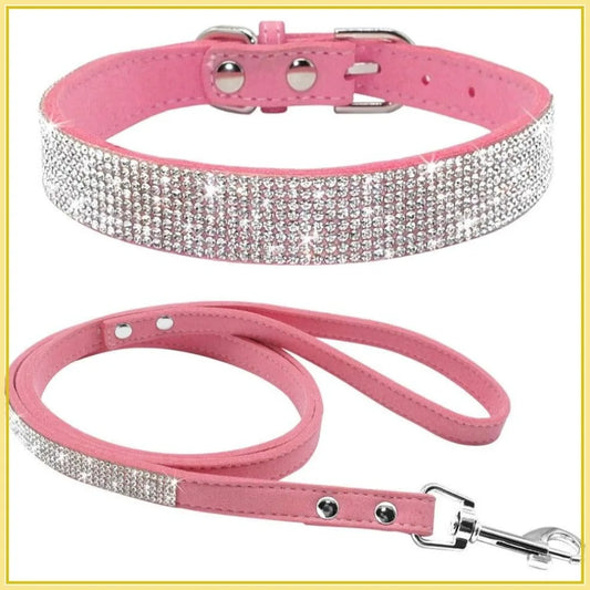 Sparkling Rhinestone Crystal Pet Collar & Leash Set for Small Dogs Cats, Soft Suede Leather, Pink.
