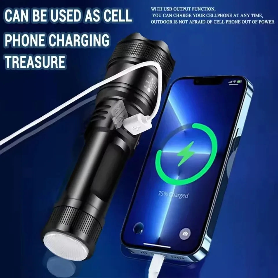 Powerful P70 LED Flashlights, Ultra Bright Tactical Light, Emergency Spotlights, Telescopic Zoom Light, Built-in Battery, 5000LM