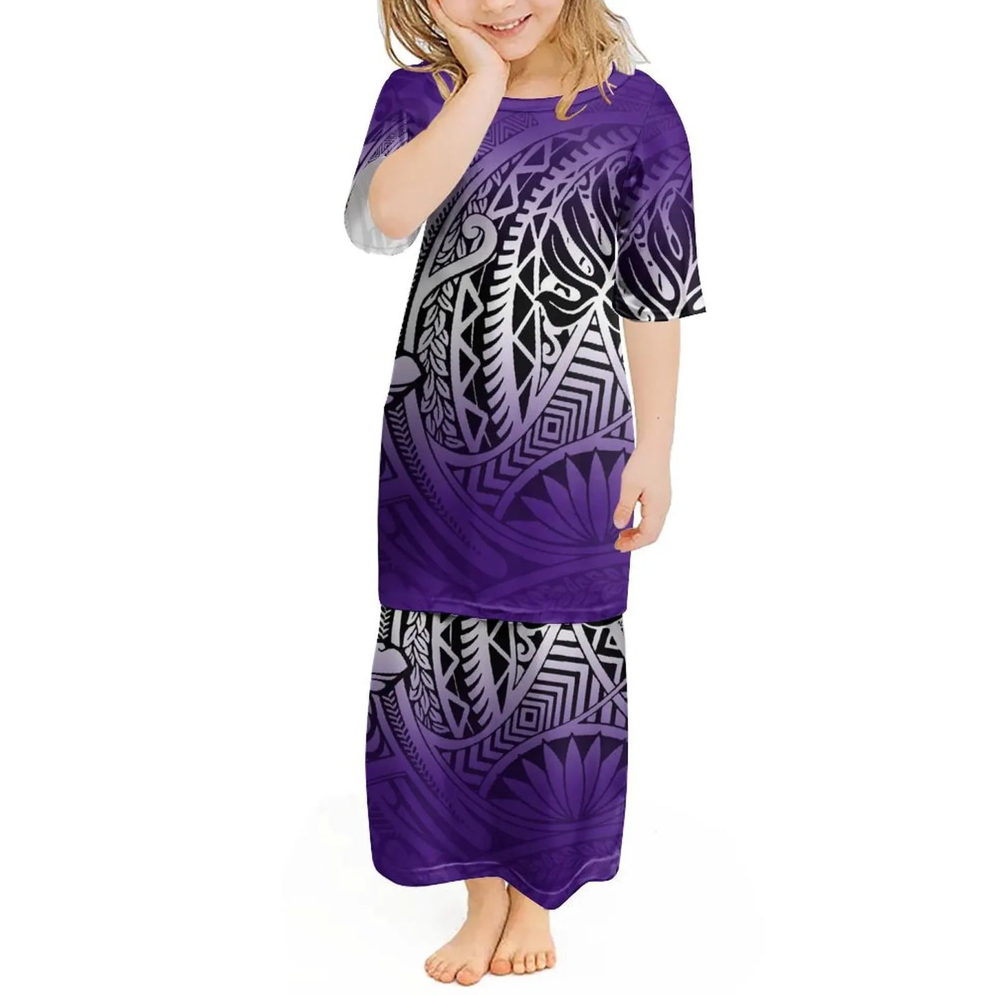 Custom Polynesian Girls Puletasi Pacific Island Floral Print Summer Crewneck Short Sleeve Maxi Party Kids Set Dress