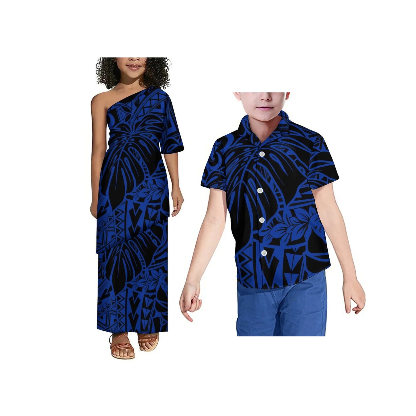 Drop Shipping Tonga Polynesian Tribal Print Summer Kids Off Shoulder Short Sleeve Dress Samoan Puletasi Clothes 2 Pieces Sets