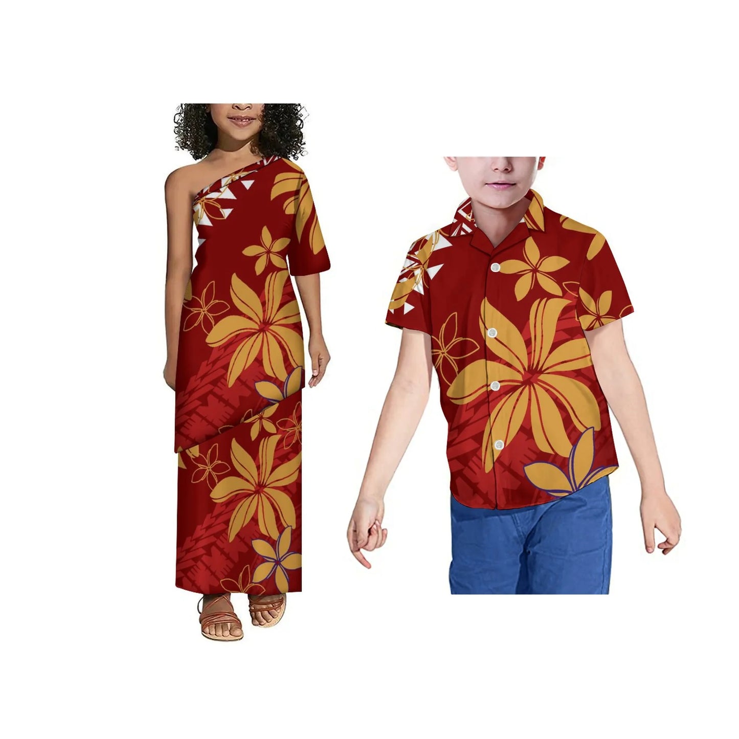 Hot Sale Custom Polynesian Tribal Print Girls Puletasi Kids Off Shoulder Toddler Dress Children 2 Piece Set Dress