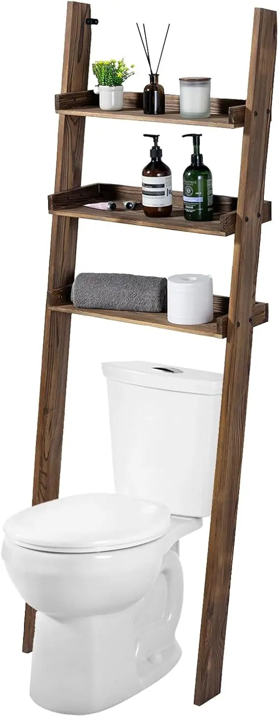 5.5 Foot Tall Rustic Burnt Wood Over Toilet 3-Tier Standing Shelf Bathroom Organizer