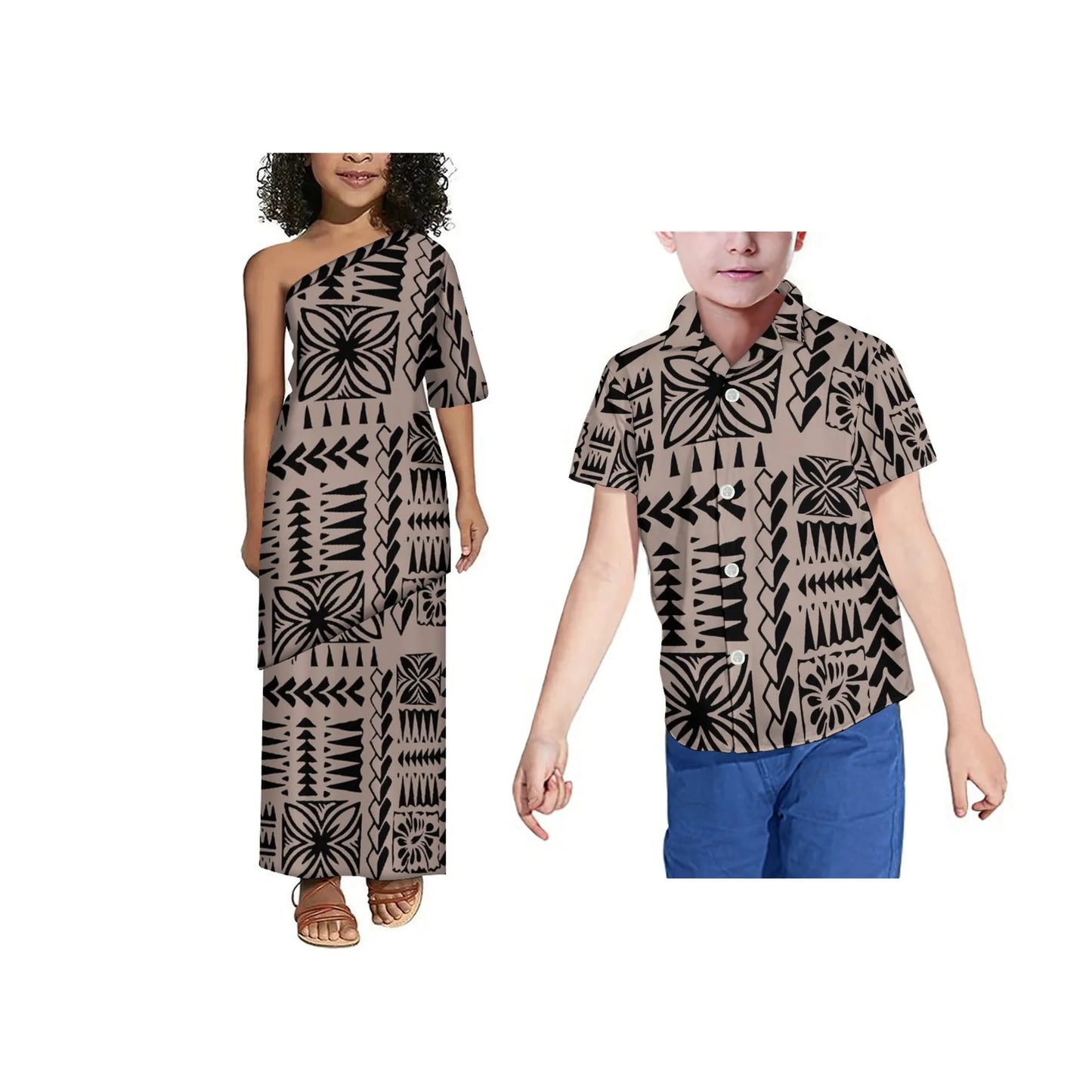 Hot Sale Custom Polynesian Tribal Print Girls Puletasi Kids Off Shoulder Toddler Dress Children 2 Piece Set Dress