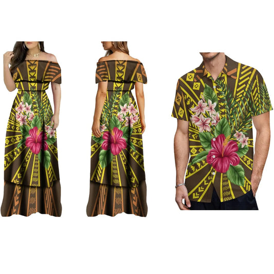 Hawaiian Floral Print Women'S Off-The-Shoulder Long Dress Cocktail Evening Dress And Men's Shirt Polynesian With Couple Suits
