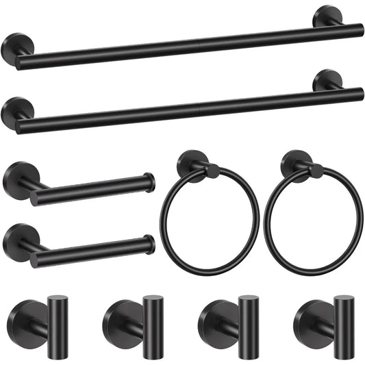 10-Piece Matte Black Bathroom Towel Bar Set, SUS304 Stainless Steel, Wall Mounted, 23.6 Inch