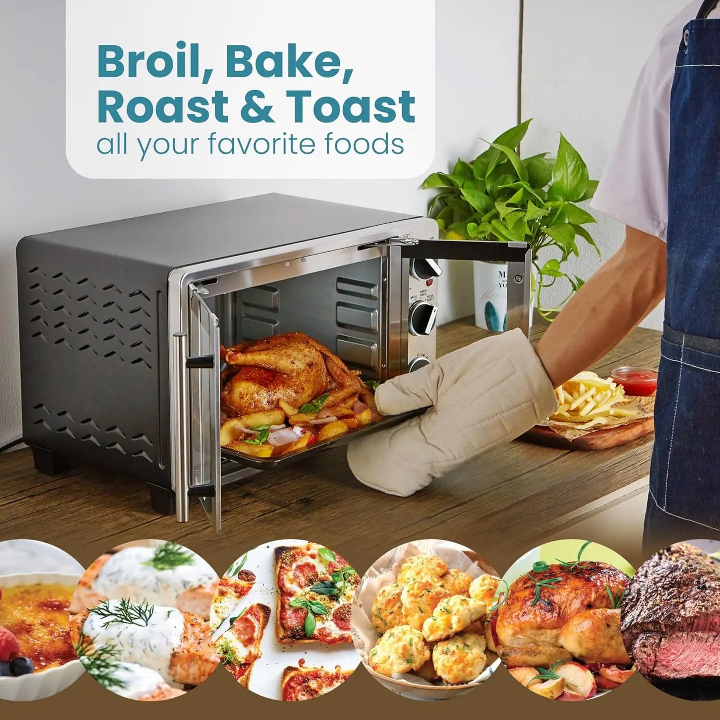 Double French Door Countertop Toaster Oven, Bake, Broil, Toast, Keep Warm, Fits 12' pizza, 25L capacity, StainlSteel