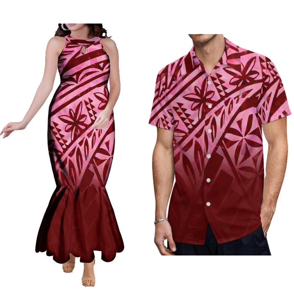 Floral Print Polynesian Couple Set Samoa Tonga Ladies Fashion Evening Dress Hip Wrap Fishtail Dress Party Men'S Shirt