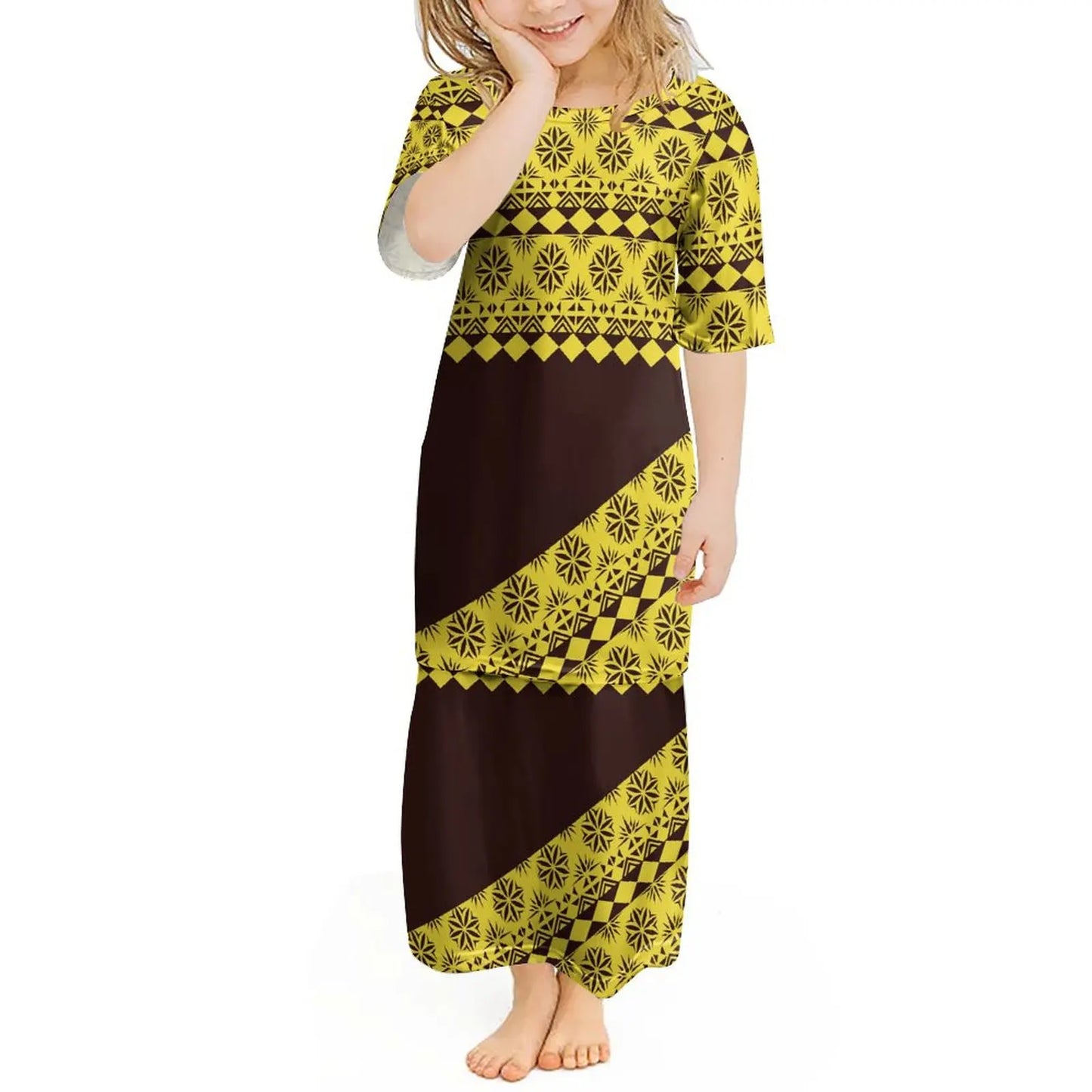 Custom Polynesian Girls Puletasi Pacific Island Floral Print Summer Crewneck Short Sleeve Maxi Party Kids Set Dress
