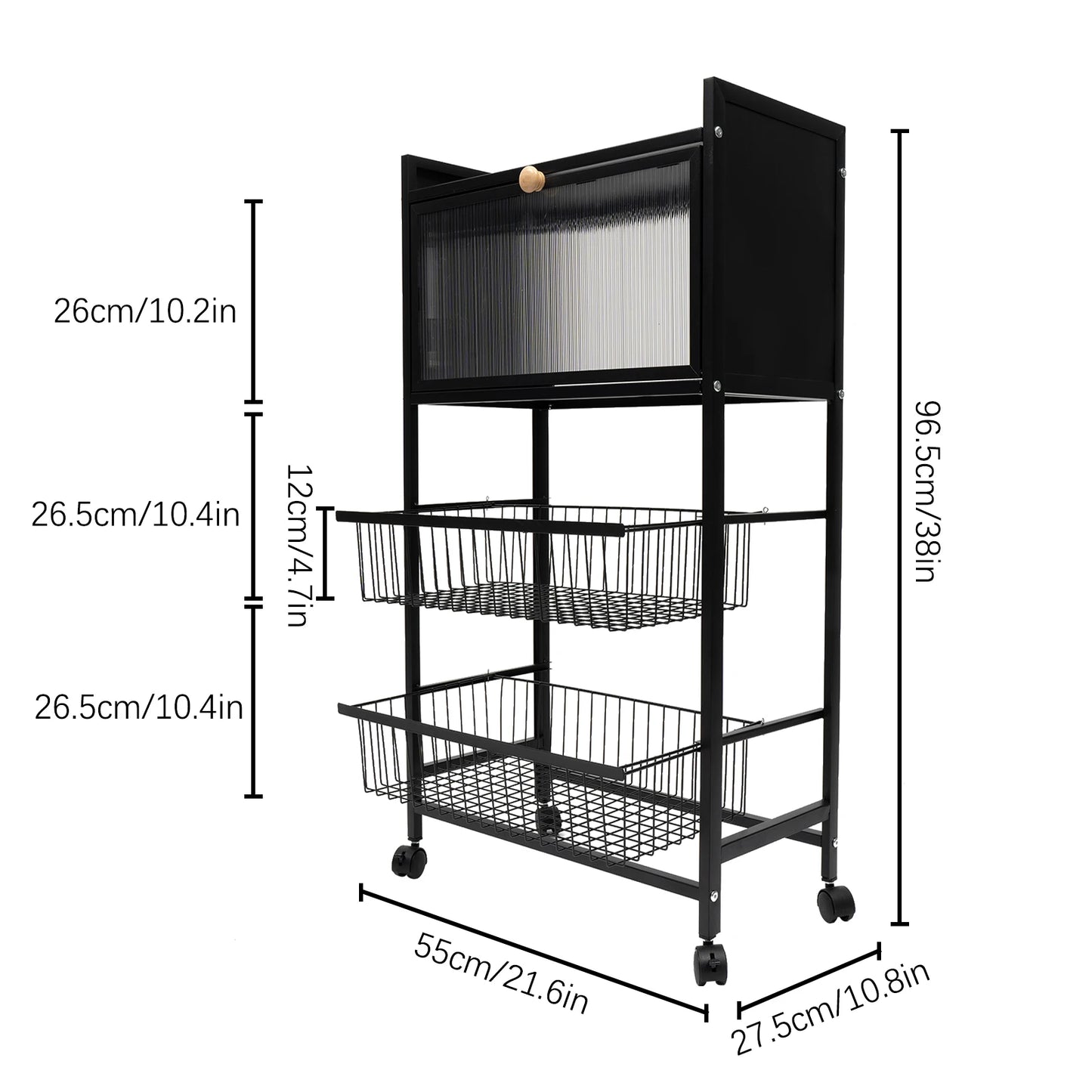 4-Storey Kitchen Storage Rack 55x27.5x96.5cm with Brake Casters Black/White - Organization Solution for Your Kitchen