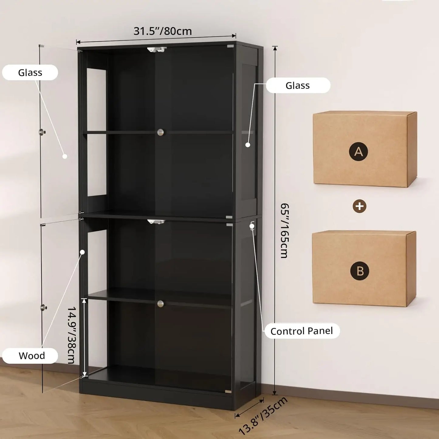 65'' Display Cabinet with Glass Door, 4-Tier Curio Cabinet for Collectibles Trophy, Glass Display Case with Human, Customized