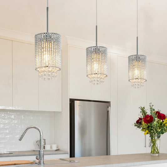 Luxury Modern Crystal Pendant Light 3-Pack Adjustable Chrome Hanging Ceiling Fixture with Clear Beads, Elegant Design