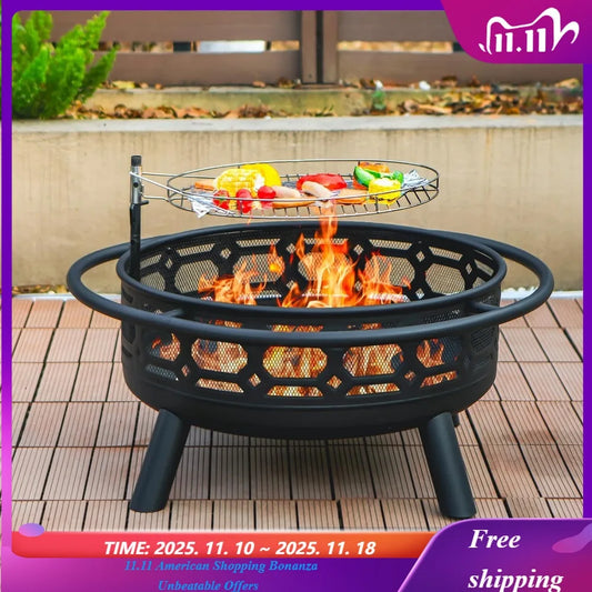 Outdoor Wood Burning Firepit with Removable Grill & Poker, Heavy Duty Metal Round Fireplace,2 in 1 Large Round Customized