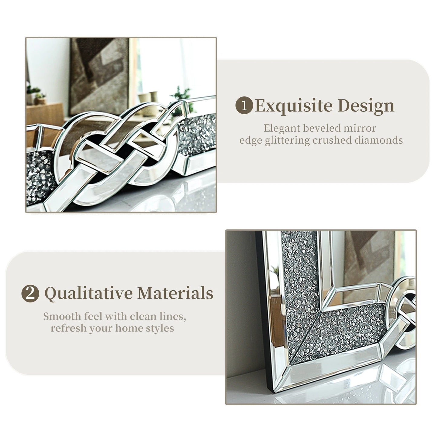 Crushed Diamond Wall Mirror Rectangular Glass Silver Vanity with Decorative Glam Bling Crystal Frame Edge