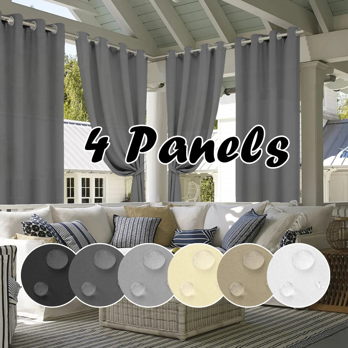 4PCS Waterproof Privacy Outdoor Curtain, Used For Pergolas, Front Porches, Awnings, And Protect Against Wind And Rain