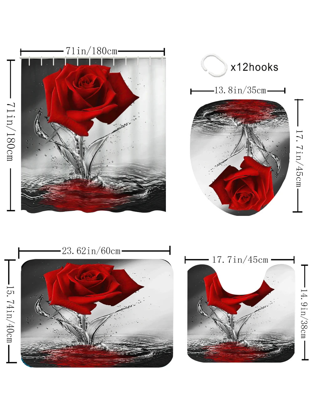 Red Rose Bathroom Four-piece Set - Avant-garde Waterproof Shower Curtain, creating a complete bathroom kit