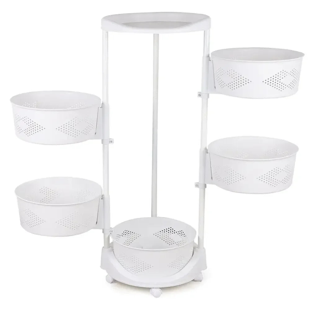 5 Tier Rotating Kitchen Organizer Rack 360° Swivel Baskets Adjustable Height with Wheels for Fruit Vegetable Pantry Storage