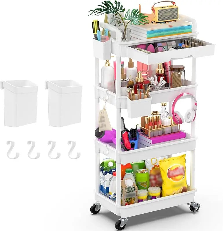 3 Tier Rolling Utility Cart Organizer with Removable Drawer, Stable and Sturdy White Rolling Storage Carts