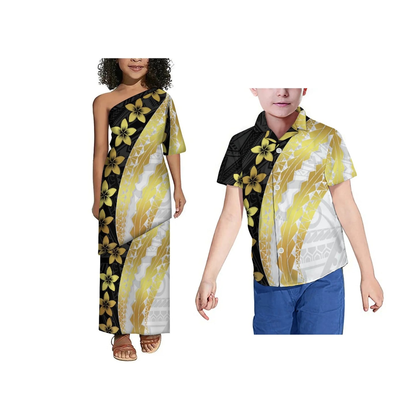Hot Sale Custom Polynesian Tribal Print Girls Puletasi Kids Off Shoulder Toddler Dress Children 2 Piece Set Dress