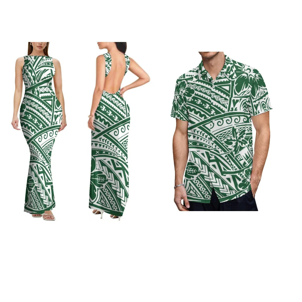 Summer Comfortable And Soft Fabric Couple'S Dress Women'S Dress Floral Design Backless Sleeveless Long Fitted Dress Men'S Shirt