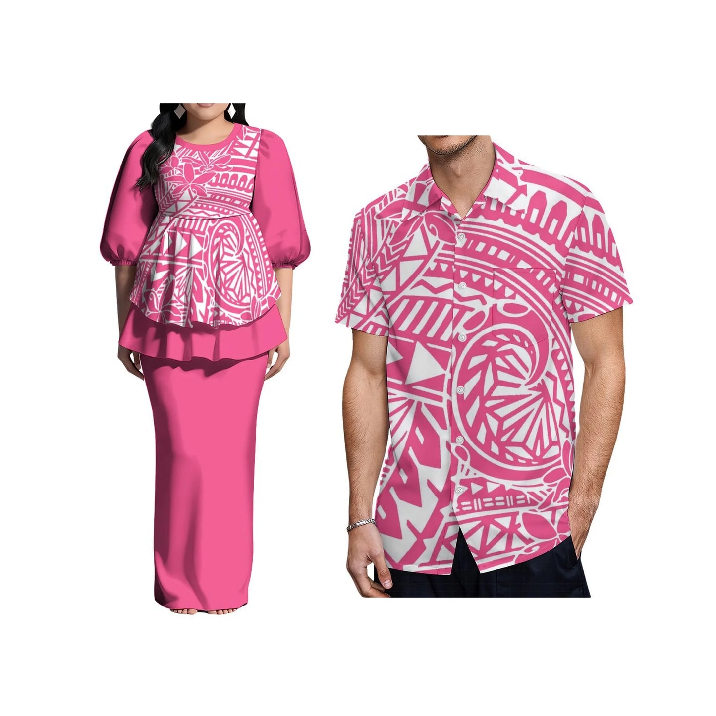 Ladies Puletasi Dress Samoan Print Polynesian Puff Half Sleeve Long Maxi Dress Back Slit Dress 2 Piece and Men's Aloha Shirts