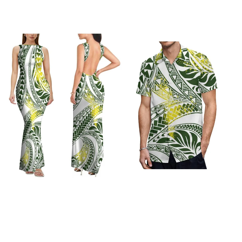 Summer Comfortable And Soft Fabric Couple'S Dress Women'S Dress Floral Design Backless Sleeveless Long Fitted Dress Men'S Shirt