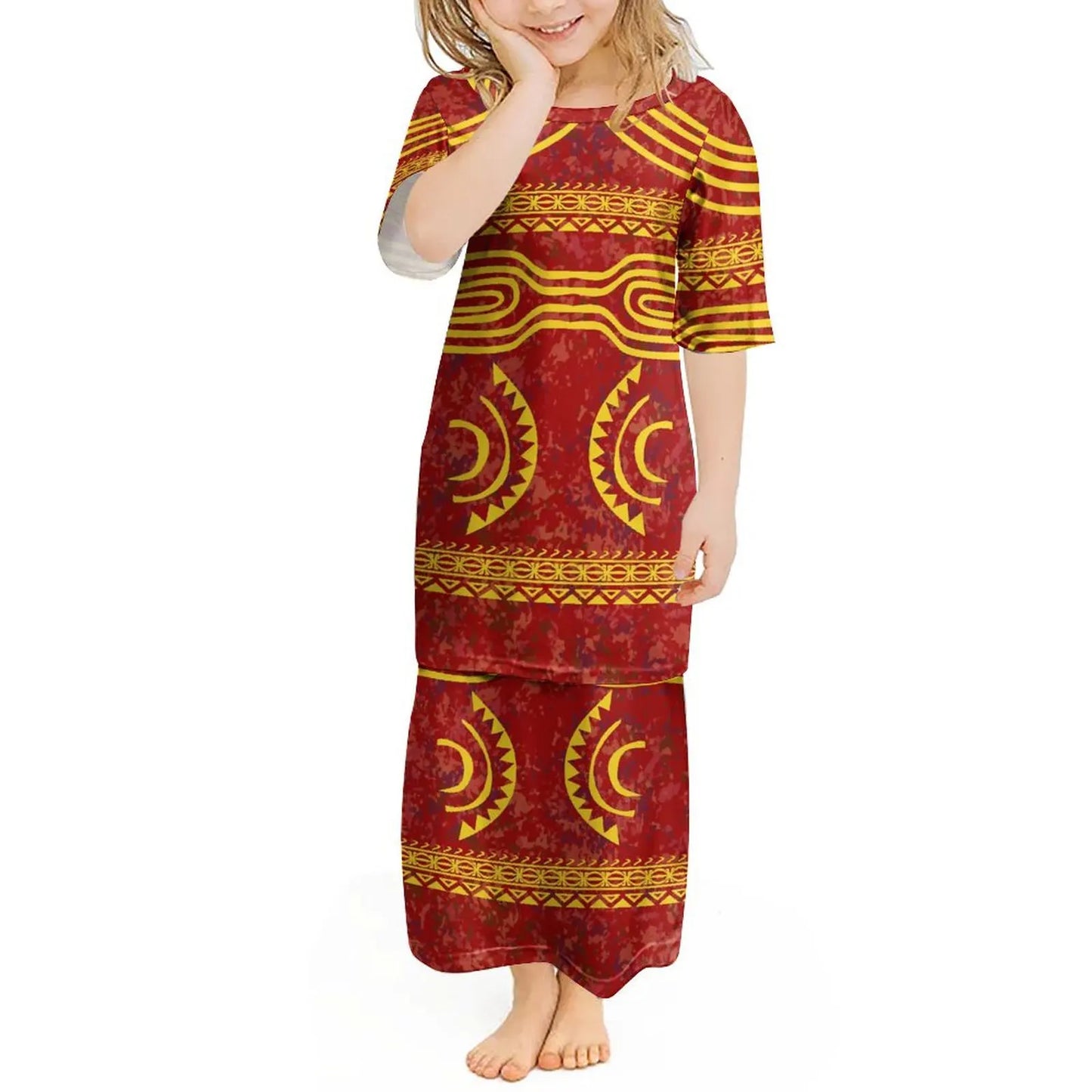 Custom Polynesian Girls Puletasi Pacific Island Floral Print Summer Crewneck Short Sleeve Maxi Party Kids Set Dress