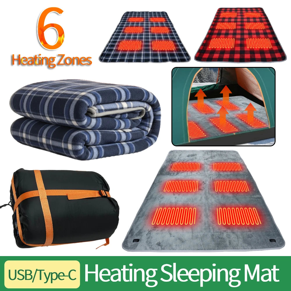 Camping USB Heating Sleeping Mat 3 Adjustable Temperature Outdoor Electric Heating Pads with 6 Heating Zones for Hiking Travel