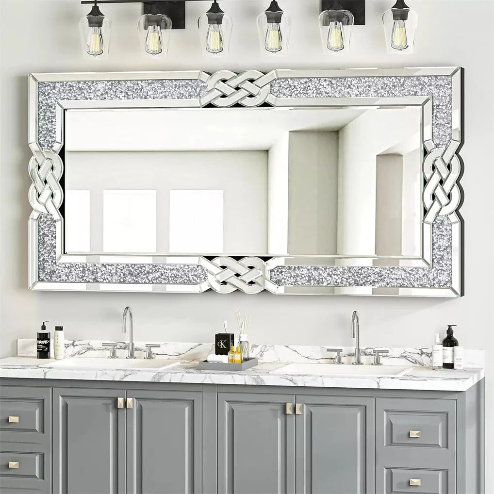 Crushed Diamond Wall Mirror Rectangular Glass Silver Vanity with Decorative Glam Bling Crystal Frame Edge