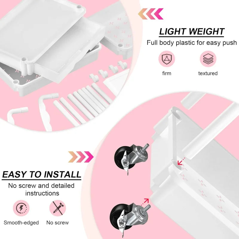 3 Tier Rolling Utility Cart Organizer with Removable Drawer, Stable and Sturdy White Rolling Storage Carts