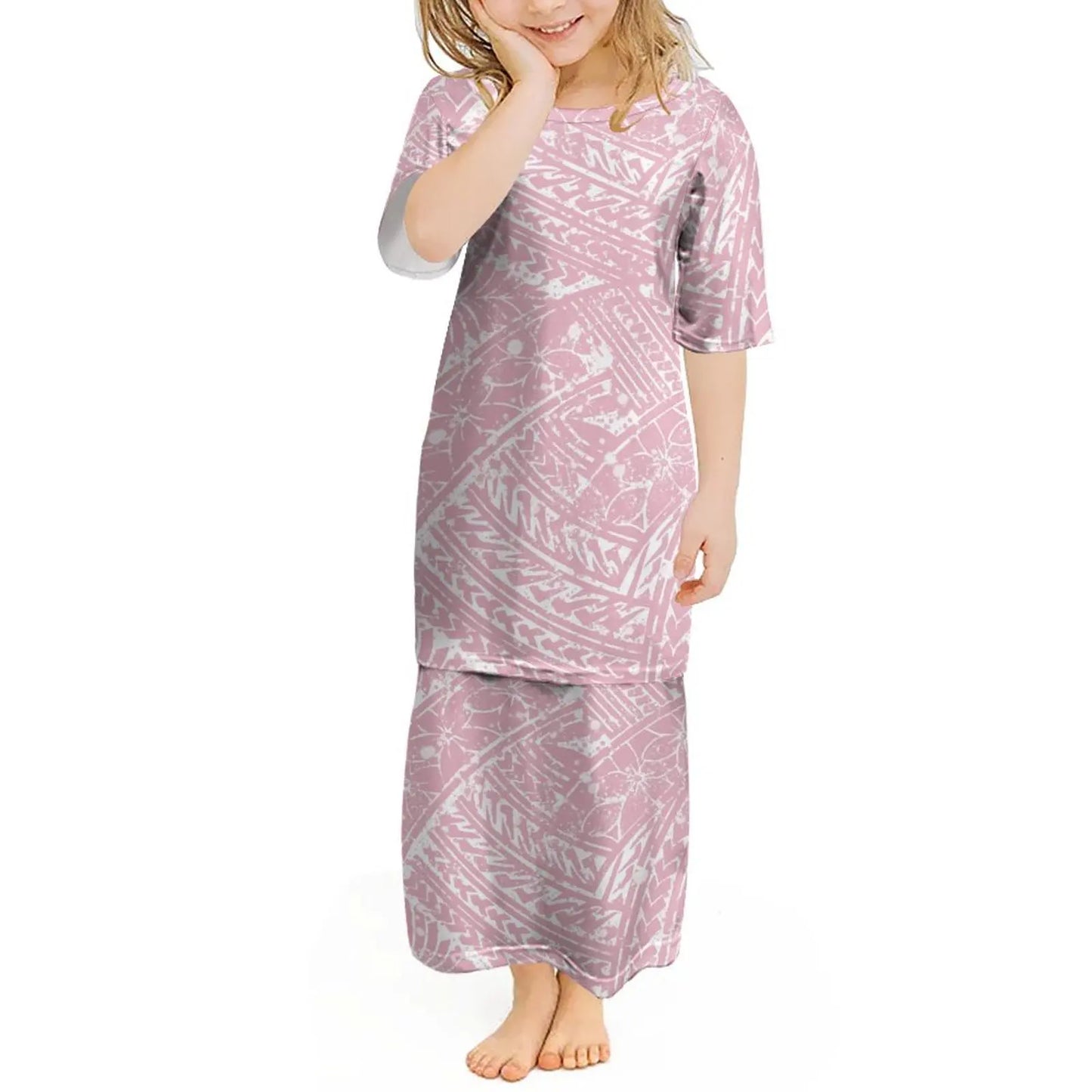 Custom Polynesian Girls Puletasi Pacific Island Floral Print Summer Crewneck Short Sleeve Maxi Party Kids Set Dress
