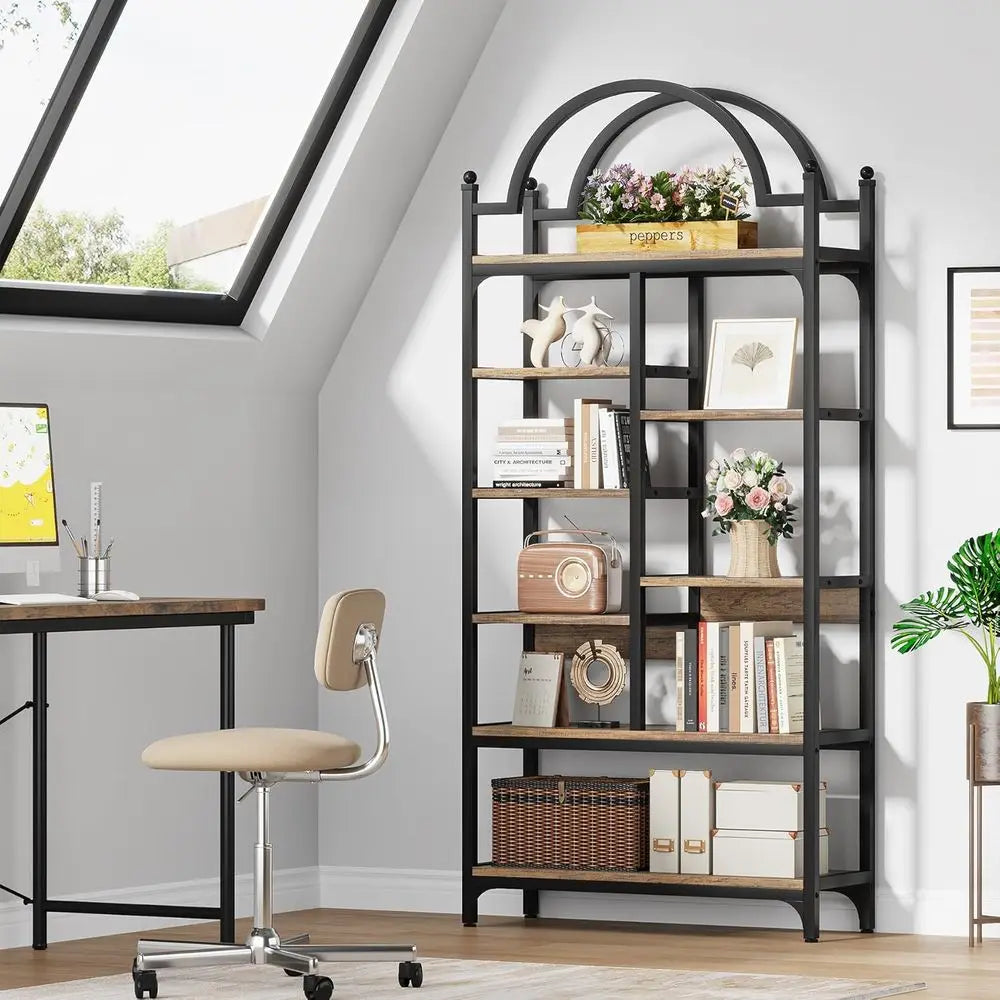 8-Tier Industrial Arched Etagere Bookcase, Open Display Storage Shelf for Living Room, Bedroom, Home Office, Rustic Brown