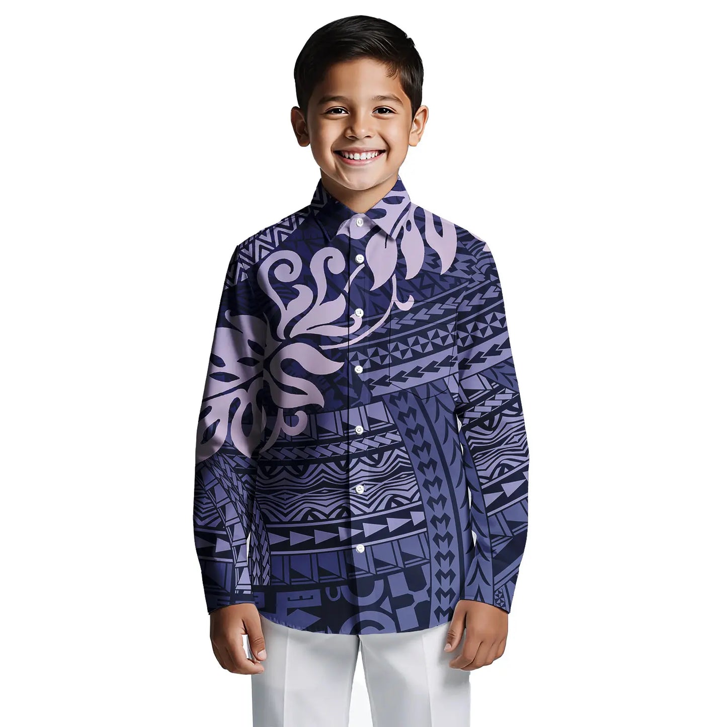 Custom Print on Demand Boys Beach Tropical Hawaii Shirt Boy Polynesian Tribal Button Down Aloha Long Sleeve Boys Shirts