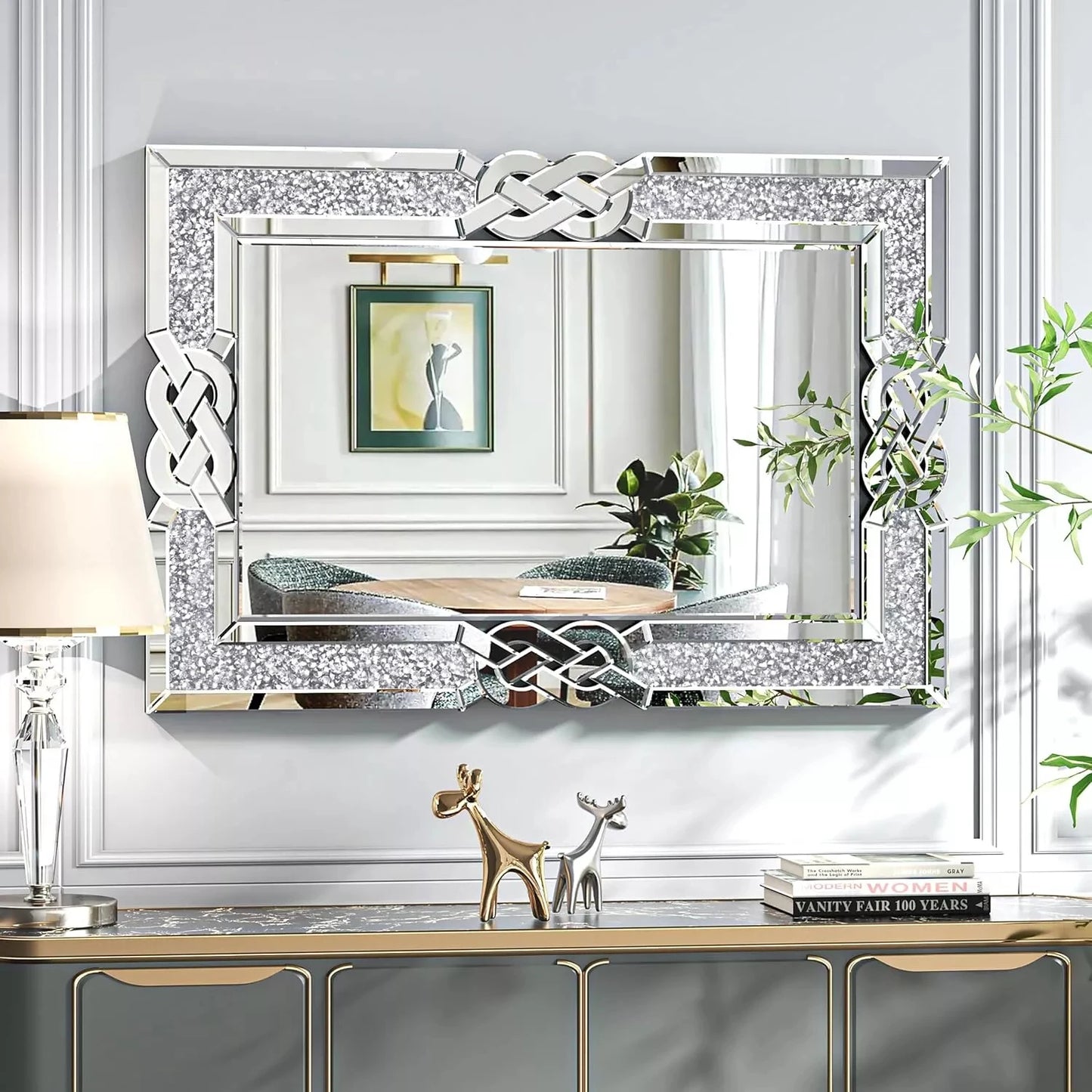 Crushed Diamond Wall Mirror Rectangular Glass Silver Vanity with Decorative Glam Bling Crystal Frame Edge