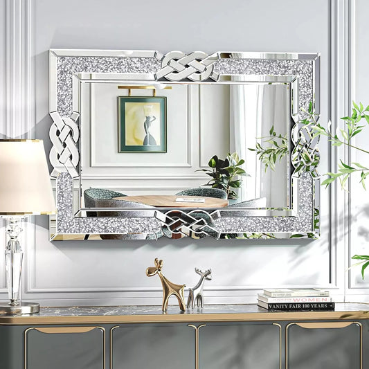 Crushed Diamond Wall Mirror Rectangular Glass Silver Vanity with Decorative Glam Bling Crystal Frame Edge