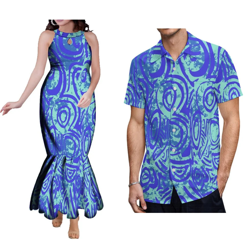Floral Print Polynesian Couple Set Samoa Tonga Ladies Fashion Evening Dress Hip Wrap Fishtail Dress Party Men'S Shirt