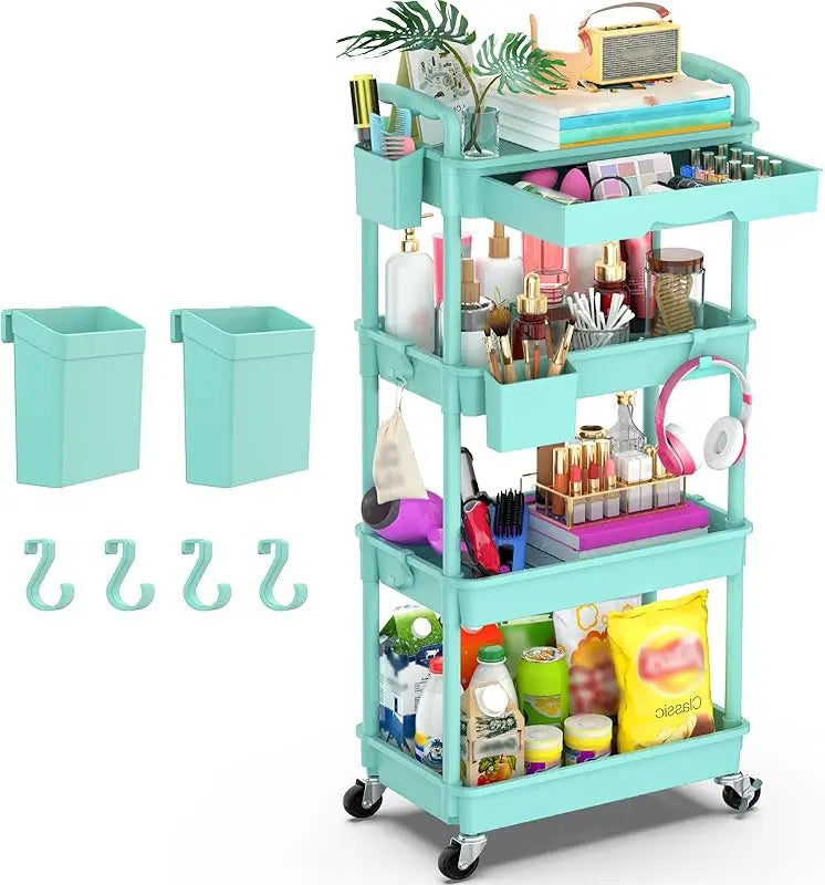 3 Tier Rolling Utility Cart Organizer with Removable Drawer, Stable and Sturdy White Rolling Storage Carts