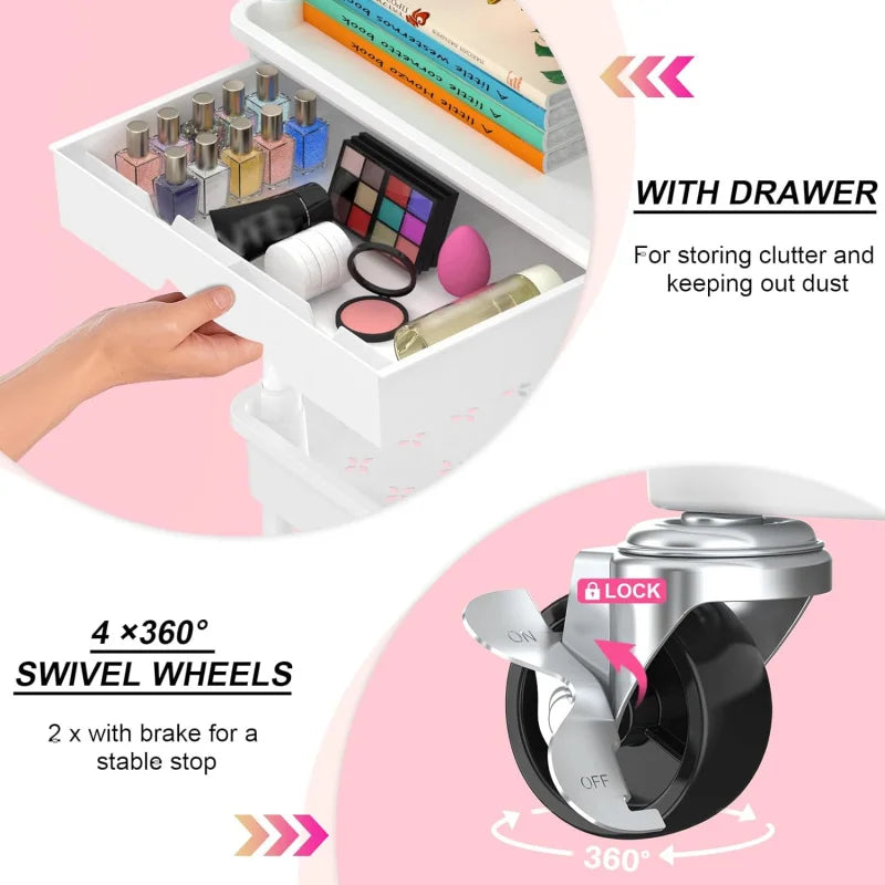3 Tier Rolling Utility Cart Organizer with Removable Drawer, Stable and Sturdy White Rolling Storage Carts