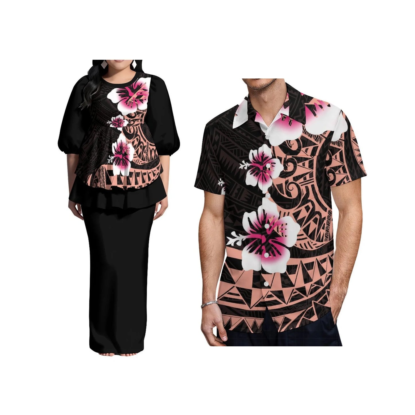 Ladies Puletasi Dress Samoan Print Polynesian Puff Half Sleeve Long Maxi Dress Back Slit Dress 2 Piece and Men's Aloha Shirts