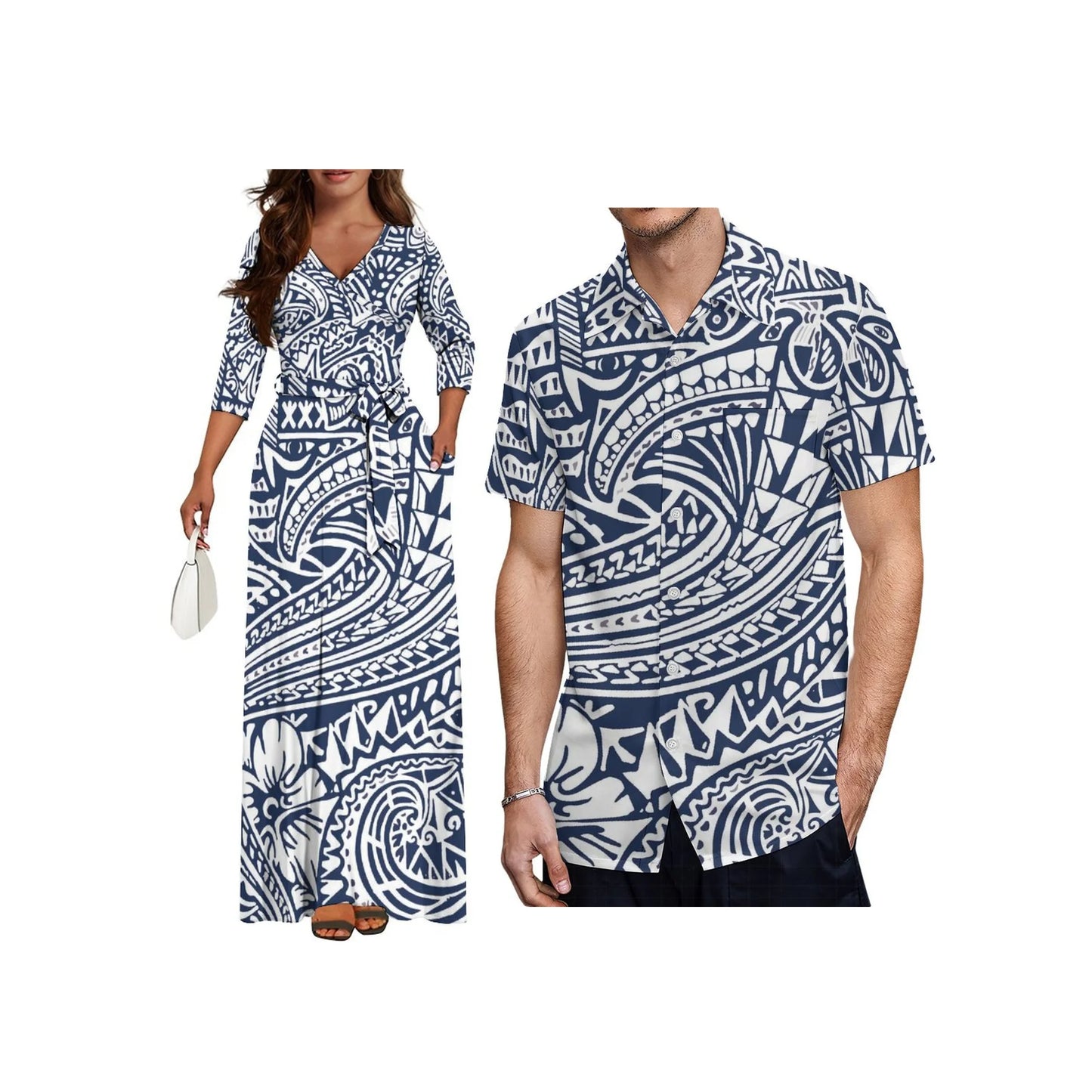 Wholesale Custom Half Sleeve V Neck Tie-Up Long Dress Polynesian Tribal Design High Waist Belt Pocket Ladies Dress