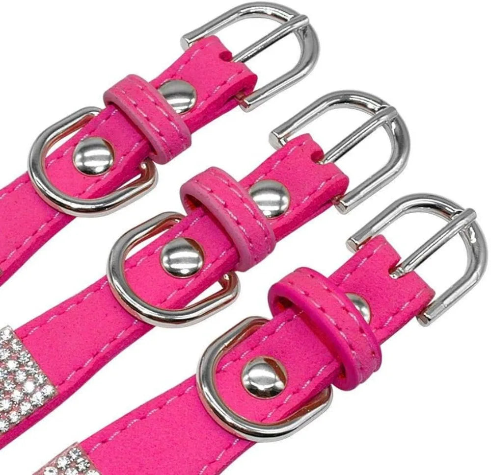 Sparkling Rhinestone Crystal Pet Collar & Leash Set for Small Dogs Cats, Soft Suede Leather, Pink.