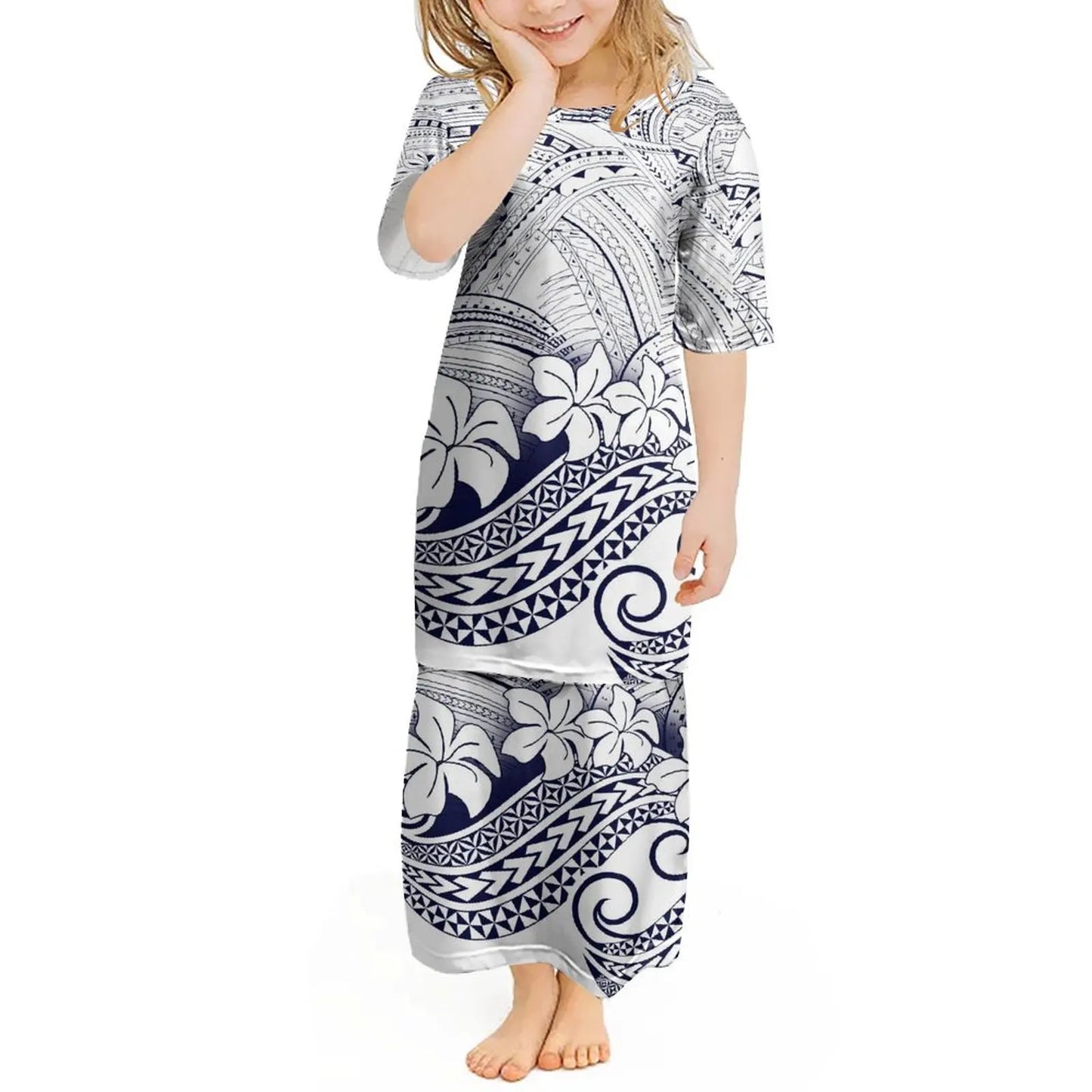 Custom Polynesian Girls Puletasi Pacific Island Floral Print Summer Crewneck Short Sleeve Maxi Party Kids Set Dress
