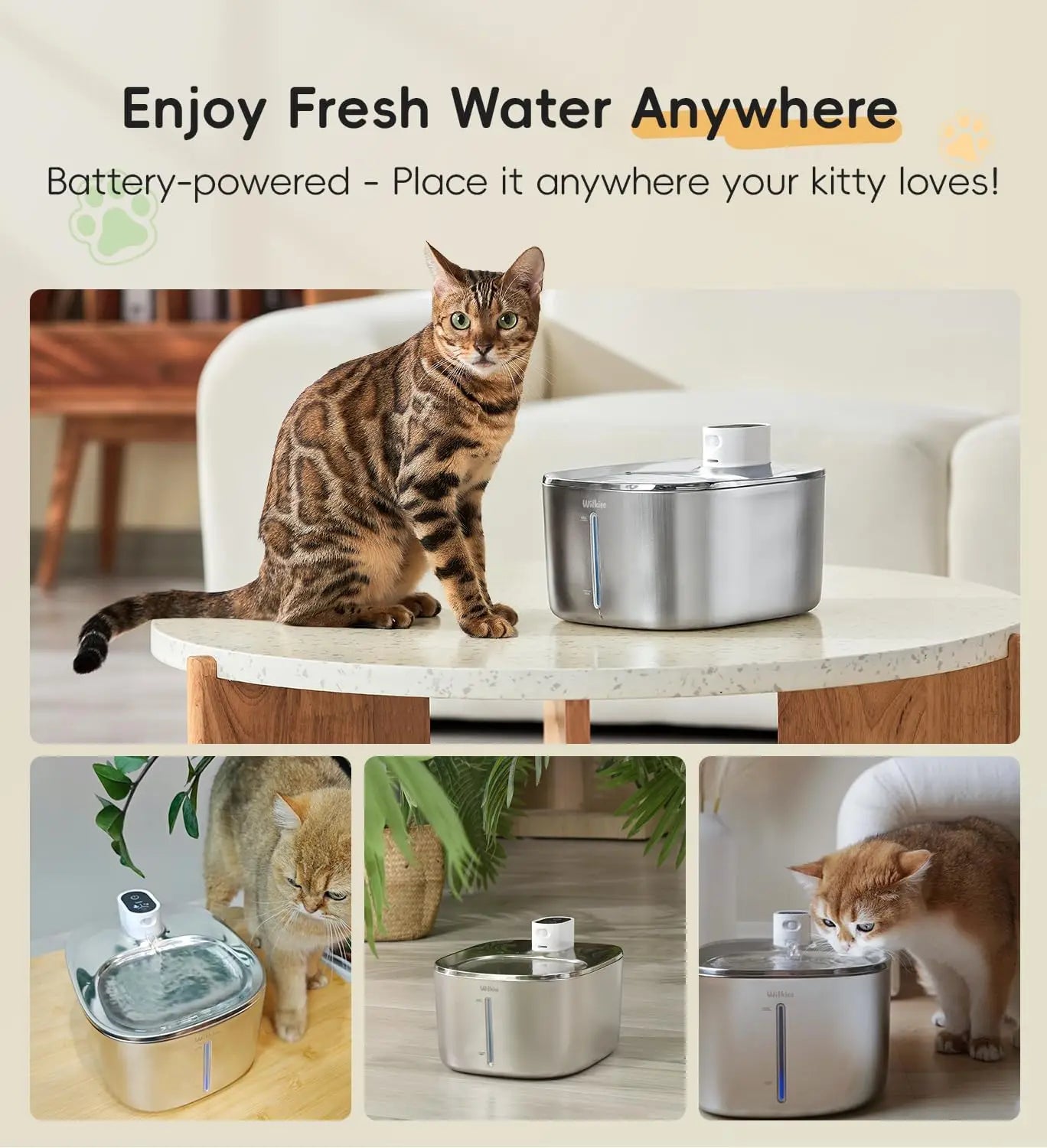 Stainless Steel Water Fountain, 138fl.oz/4.1L Cordless Pet Dispenser for Indoor Cats & Dogs