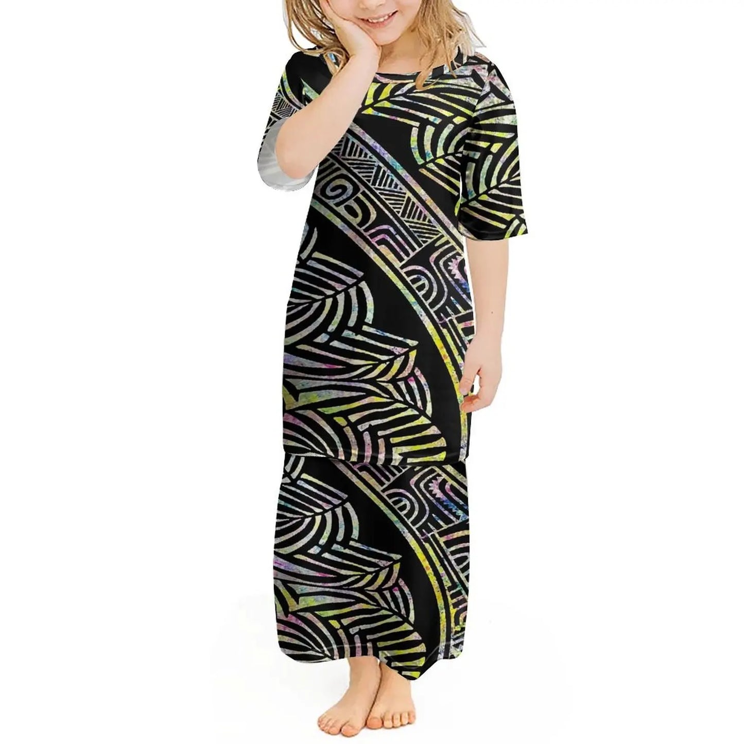 Custom Polynesian Girls Puletasi Pacific Island Floral Print Summer Crewneck Short Sleeve Maxi Party Kids Set Dress
