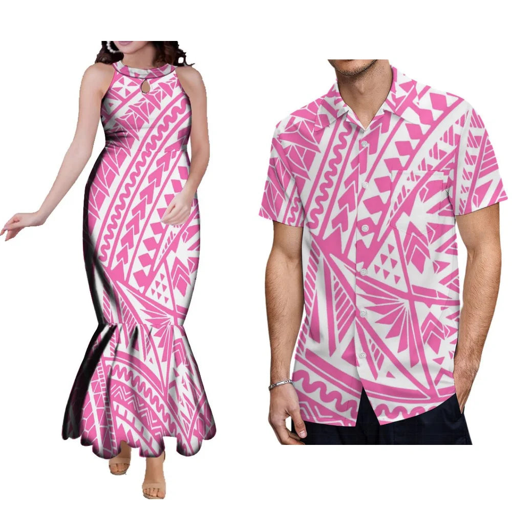 Floral Print Polynesian Couple Set Samoa Tonga Ladies Fashion Evening Dress Hip Wrap Fishtail Dress Party Men'S Shirt