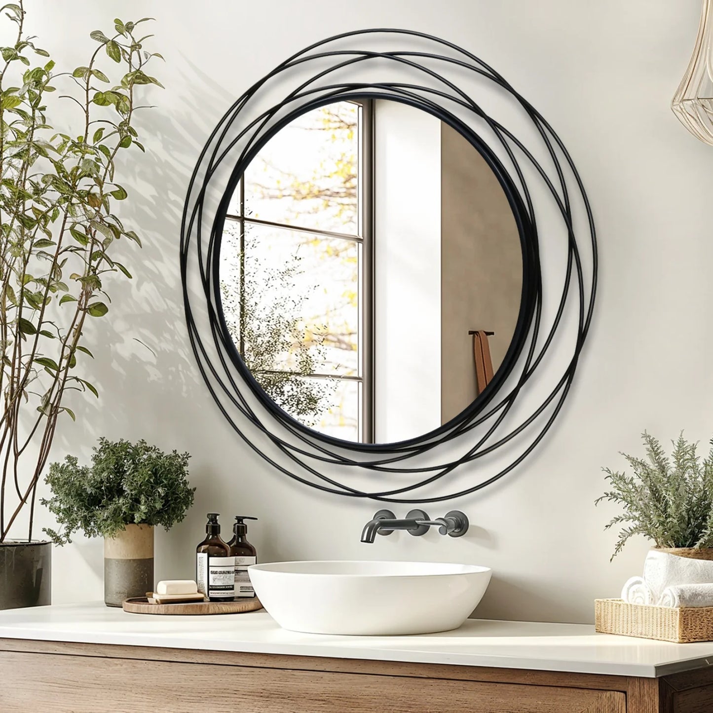 80CM Black Decorative Mirror for Wall Decor Round Iron Wire Frame Living Room Bathroom Entryways Mirror Makeup Vanity Mirror