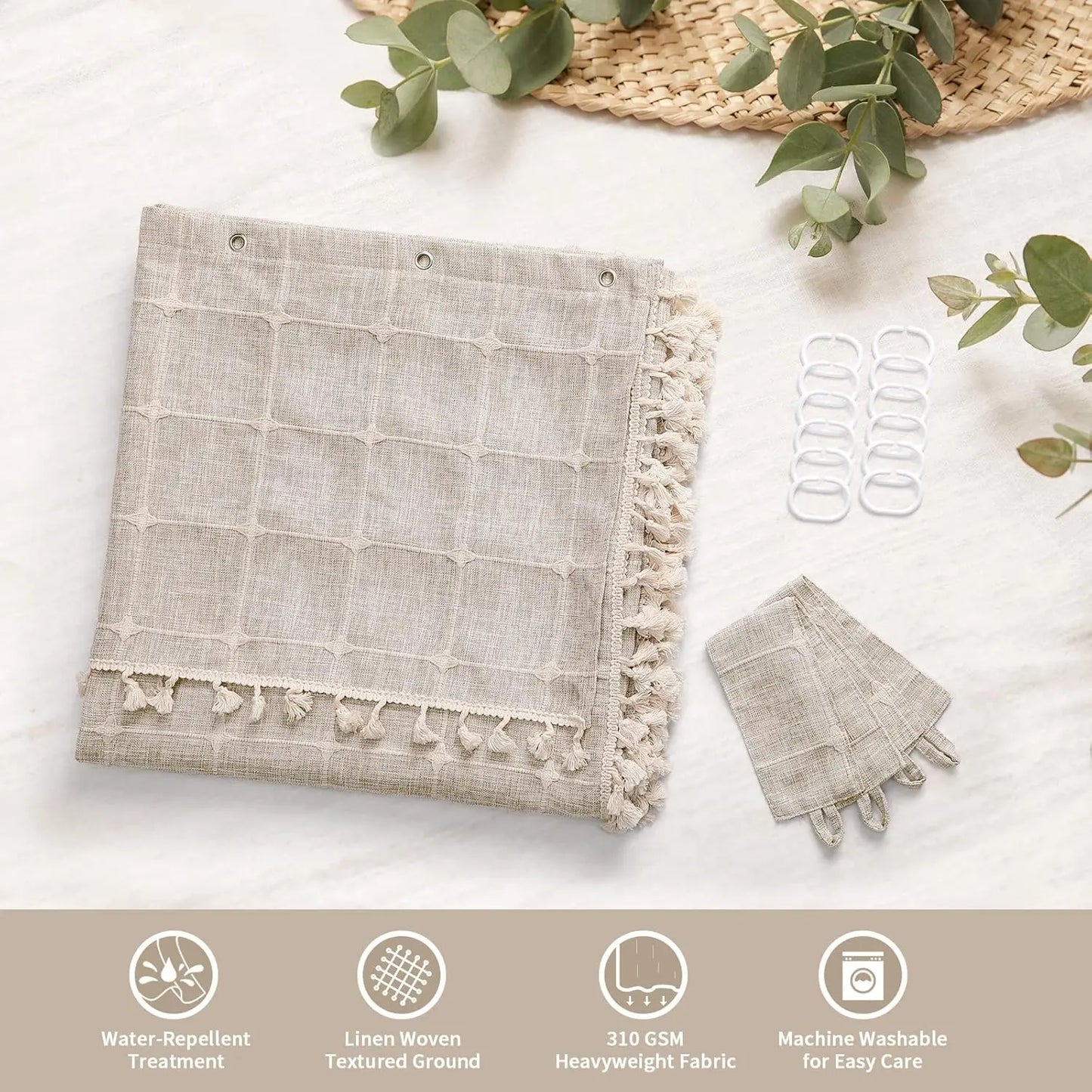 Tan Boho Double Swag Shower Curtain, Polyester Linen Fabric for Farmhouse Bathroom Decor with Hooks, 72x72 Inches