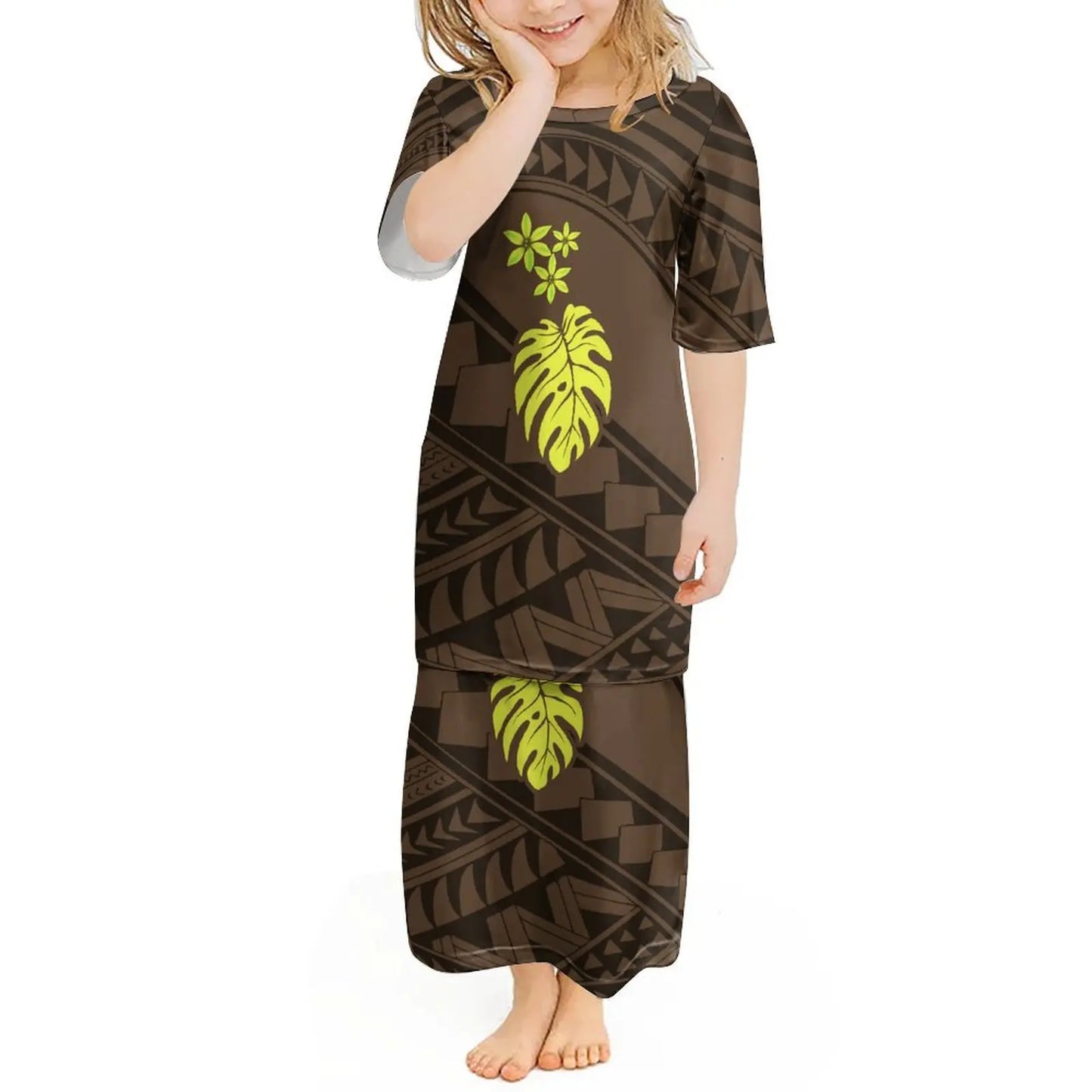 Custom Polynesian Girls Puletasi Pacific Island Floral Print Summer Crewneck Short Sleeve Maxi Party Kids Set Dress