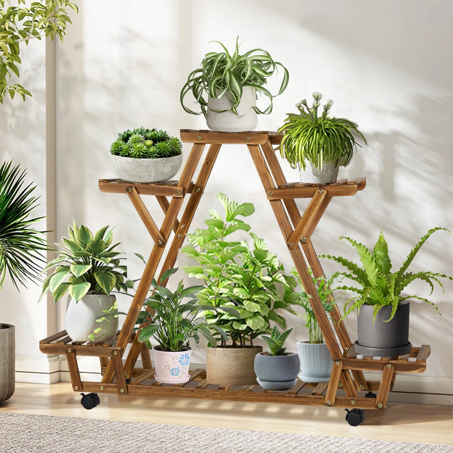 Movable Wood Plant Stand, Triangular Shelf, Flower Pot, Storage Holder, Garden Display, Shelving Rack, Outdoor, Indoor, 6 Tier