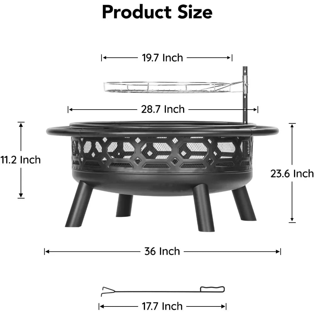 Outdoor Wood Burning Firepit with Removable Grill & Poker, Heavy Duty Metal Round Fireplace,2 in 1 Large Round Customized