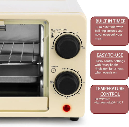 9.5 Quart Electric Counter Top 2 Slice Toaster Oven with Built in Timer, Bake, Broil, Toast (Cream)